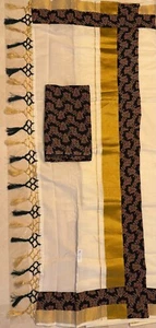 KERALA SAREE/KASAVU and AJRAKH SET SAREE with AJRAKH Blouse piece - Picture 1 of 2