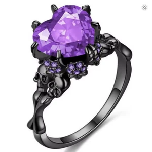 Black Gothic Skulls and Heart Ring All Sizes (Purple Stone) - Picture 1 of 1