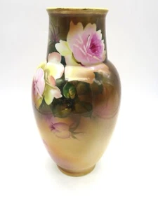 VTG Vase Nippon Hand Painted Pink Yellow Roses on brown wash background 9.5"ta - Bild 1 von 16