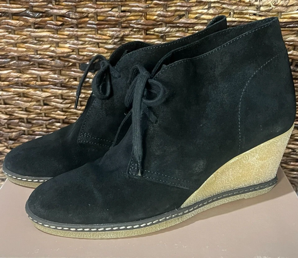 J Crew MacAlister 坡跟靴女式 9 黑色皮革麂皮绒系带 Chukka — 第 1/4 张图片