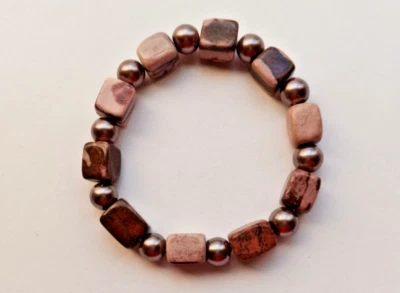 全新 SQUARE AMBER JASPER & 8 毫米青铜玻璃珍珠手链,购买 2 送 3RD — 第 1/3 张图片