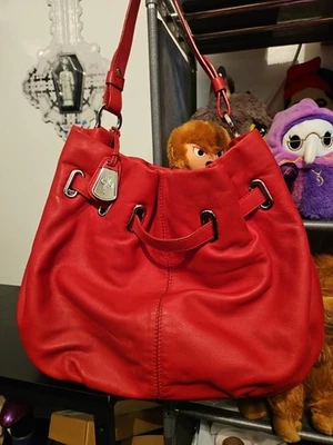 COLE HAAN Red Leather Shoulder Bag Hobo Bag Purse Handbag w/Charm  - Image 1 of 4
