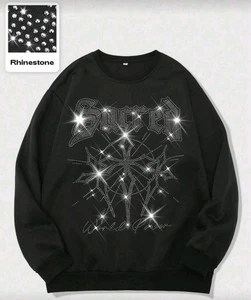 Neu Herren Luxus Diamant Strass Schwarz Mode Sweatshirt Hochwertig - Bild 1 von 7