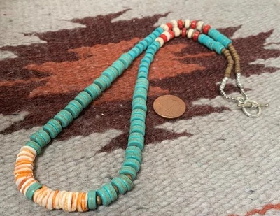 southwestern Spiny oyster shell /block turquoise/coral necklace/(w712a-w1.5) - Image 1 of 2