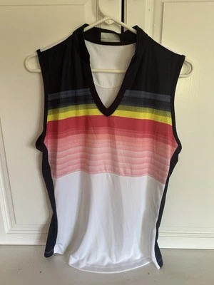 Calloway Opti Dry Women’s Sleeveless Golf Polo Rainbow Stripe On White With Navy - Image 1 of 4