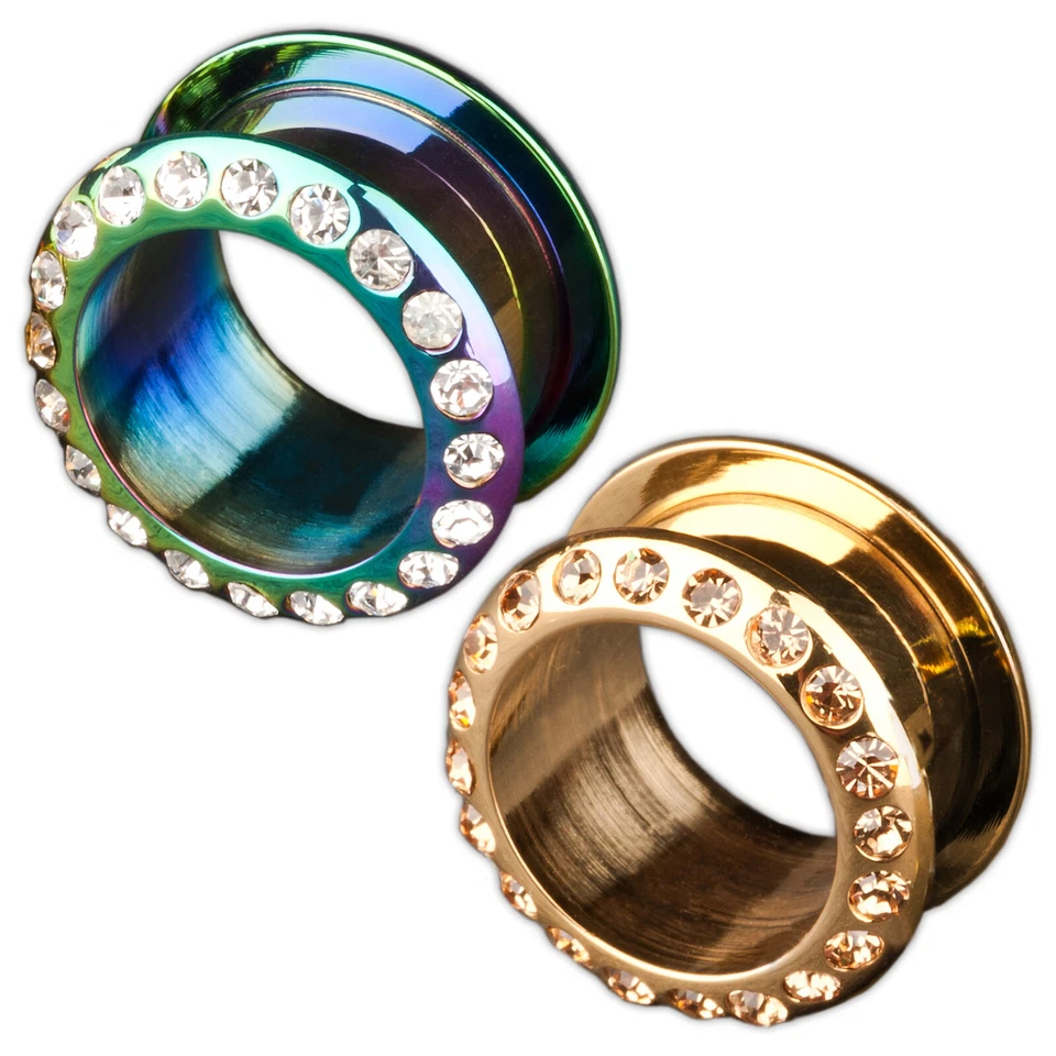 Flesh Tunnel Plug Stahl Rainbow Gold Zirkonia Kristall Strass 4-14mm Z36 - Bild 1 von 1