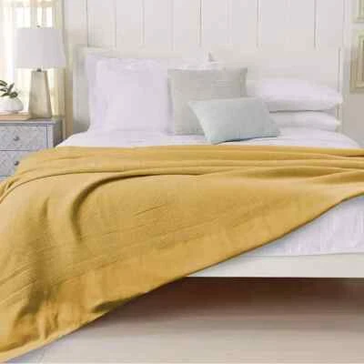 DtexHomes Luxury Waffle Blanket Large Warm 100% Cotton Throw Over Bed - Mustard