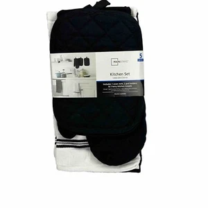 Mainstays Kitchen Set Black/White-2 Terry Towels-1 Oven Mitt-2 Pot Holders NEW - Picture 1 of 8