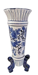 Chinoiserie Footed Porcelain Vase Cobalt Blue White Floral Reticulated Rim 14"H - Picture 1 of 10