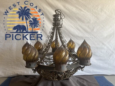 Huge C. 1970 Vintage Spanish Revival Chandelier Amber Glass Torches Wrought Iron - Image 1 of 4