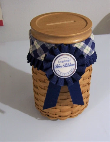 Longaberger  Blue Ribbon Pride Basket w/ Bank slotted Lid Fabric Liner & Ribbon Cover