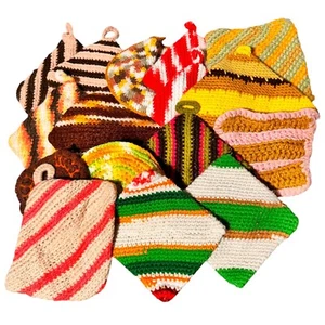 Vintage 60er 70er Jahre Untersetzer bunt gehäkelt handgestrickt gesteppt 16 Stück - Bild 1 von 19