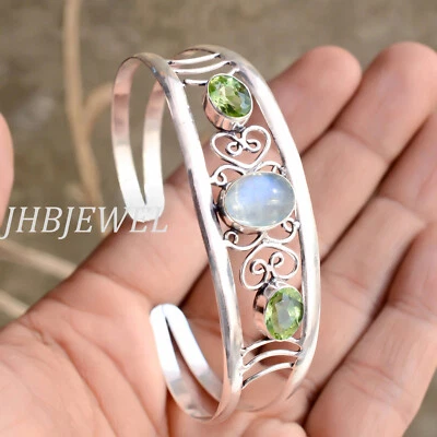 Moonstone And Peridot Cut Gemstone 925 Sterling Silver Artisan Craft Bangle Cuff - Image 1 of 4