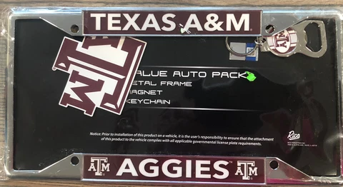 Texas A&M NCAA Chrome Metal License Plate Frame, Keychain Bottle Opener & Magnet Cover