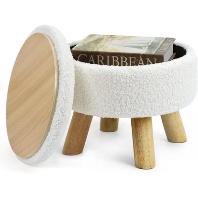 Round Footrest with Soft Padded Seat, Teddy Velvet Footstool w/Wood Legs, White - Image 1 of 4