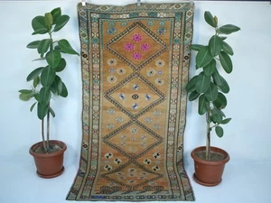 Vintage Handgeknüpfter Langläufer Teppich Orange Braun Tribal Geometrisch 3,6x7,5 Fuß - Bild 1 von 10