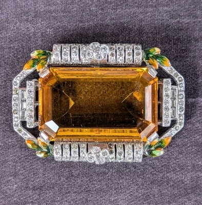 Broche prendedor retro vintage CINER estrás esmalte rodio citrino decoración años 40 RARO Foto 1 de 4