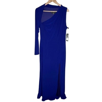 Betsy And Adam Long Sleeve Asymmetrical Sleeve Gown Womens 14 Blue FLAW - Image 1 of 4