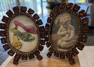 Juego de 2 marcos de fotos ovalados vintage ámbar adornado imitación joyas - Imagen 1 de 6