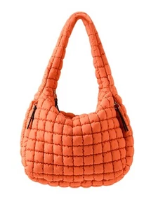 Puffy Orange Tote Bag - Large Quilted Carryall Puffer Shoulder Bag With Light... - Picture 1 of 6