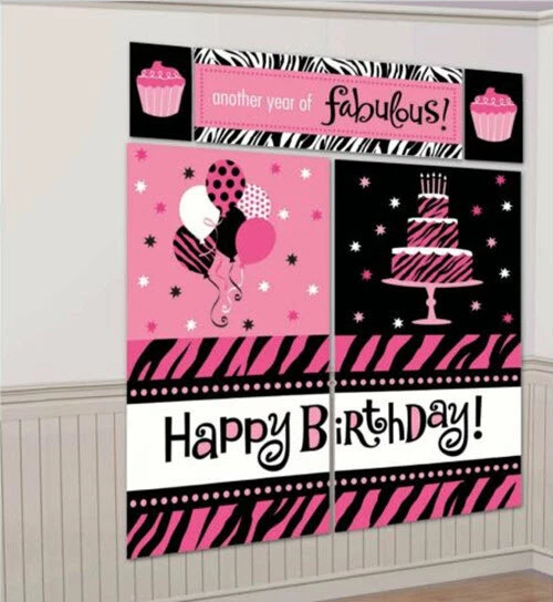 ANOTHER YEAR OF FABULOUS Scene Setter BIRTHDAY party wall Backdrop Animal Prints - Image 1 of 1
