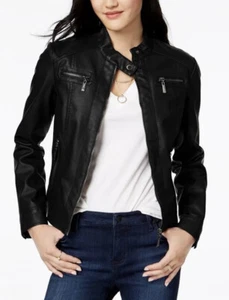 JOU JOU Juniors Vegan Leather Faux-Fur Lined Zip Moto Jacket Black Medium M Coat - Picture 1 of 13
