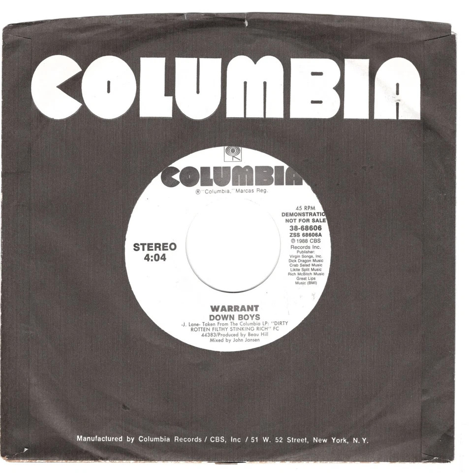 Warrant-Down Boys (VG+) Promo - Image 1 of 1