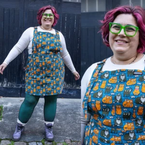RUN AND FLY Cat and Mouse Print Dungaree Pinafore Dress 8-24 Stretch Cute Quirky - Picture 1 of 9