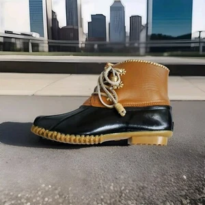  Jack Rogers Chloe klassische Schnürstiefel Gummi Regen Bootie Damen 10M schwarz hellbraun  - Bild 1 von 9