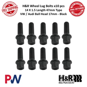 H&R Wheel Bolt 10 pc 14 x 1.5 Length 47mm Type For VW/ Audi Ball Head 17mm Black - Picture 1 of 14
