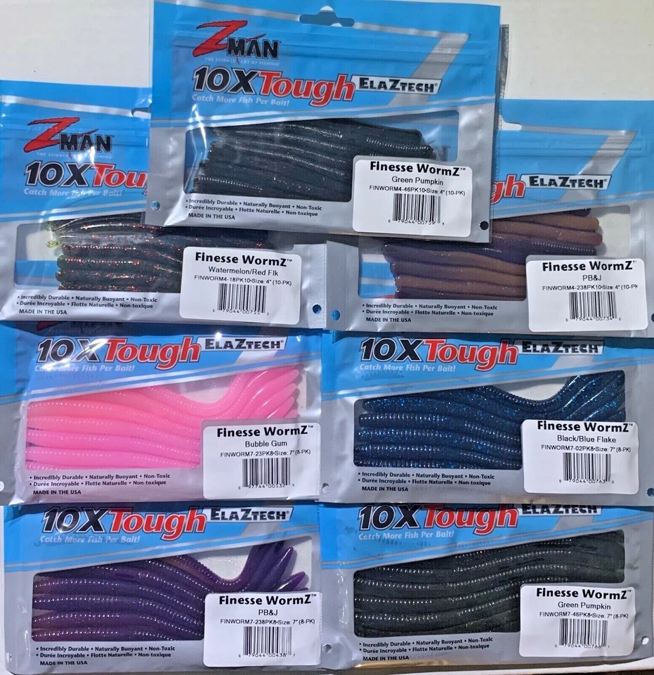 Z-Man Finesse WormZ 4 & 7 in Worm 8 & 10 pack Zman Bass Fixed Shipping