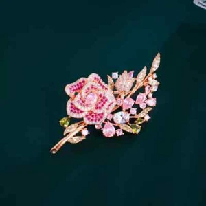Flower Brooch Pin 4.28 Ct Pear Cut Simulated Pink Sapphire 14k Rose Gold Plated - Picture 1 of 6