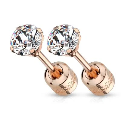 Round Prong Set Clear CZ Gem Stud Earrings Rose Gold w/ Gem Screw Back 316L - Image 1 of 4