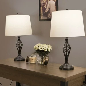 Set of 2 Table Lamps Modern Desk Lamp Set Bedroom Nightstand Shades LED Bulbs - Picture 1 of 3