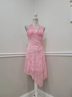  Y2K TABOO Rosa Brillo Floral Halter Vestido de Noche Dobladillo Asimétrico Foto 1 de 4