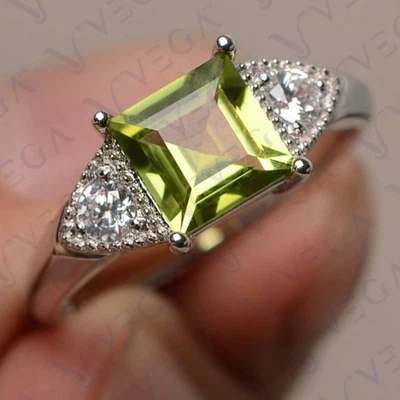 3.20 Ct Asscher Natural Peridot & Diamond Three Stone Ring 950PT Platinum Plated - Image 1 of 4