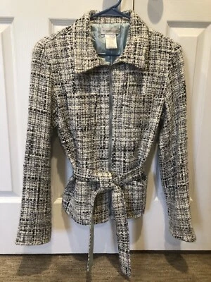Blazer/chaqueta WORTHINGTON gris blanco tweed con cinturón forrada azul talla 10 para mujer Foto 1 de 4