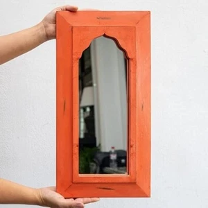 Handmade Rustic Decorative Wall Mirror Frame Solid Hard Wood Wall Mirror, Orange - Picture 1 of 2