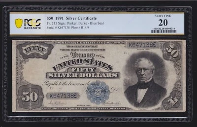 US 1891 $50 Edward Everett Silver Certificate FR 335 PCGS 20 VF (138) - Image 1 of 2