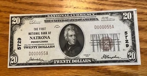Natrona Pennsylvania, First national bank, $20, 1929 T-1, Scarce , uncirculated - Picture 1 of 2