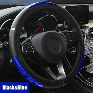 PU Leather Car Accessories Steering Wheel Cover Anti-slip Protector Black & Blue - Picture 1 of 12