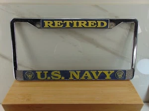 United States NAVY-RETIRED-Chromed Cast Metal License Plate Frame silver blue - Picture 1 of 2