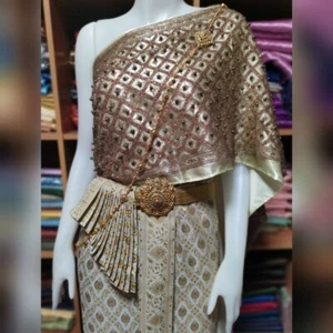 Thai Traditional Wedding Dress Shawl Bead Long Skirt Asian Outfit Cream + Brown - Picture 1 of 5