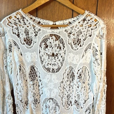 Blusa feminina ultra rosa branca renda boho manga sino crochê malha top M - Imagem 1 de 4