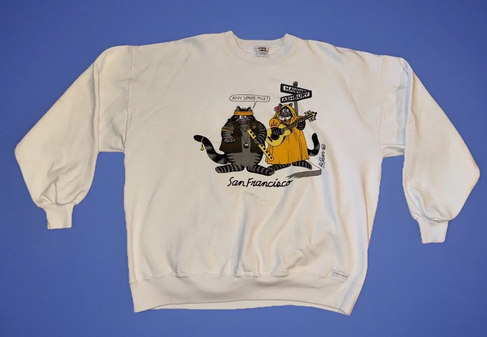 复古疯狂衬衫 B Kliban 夏威夷猫双面运动衫 XL 白色旧金山 — 第 1/4 张图片