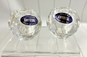 Set of 2 Lead Crystal Candle Holders USA Diamond Pattern 1 5/8" Label Intact - Picture 1 of 4