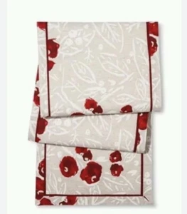 Table runner Red Berry cream leaf floral red ribbon 67x14” - Picture 1 of 5