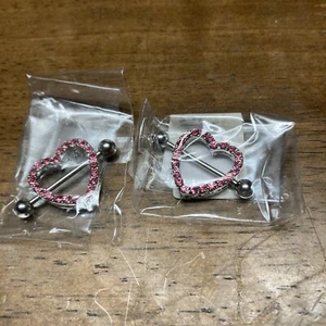 Paar gem gepflasterte rosa Herzen Brustwarzenringe 14 g Chirurgenstahl Schild Langhantel. - Bild 1 von 6