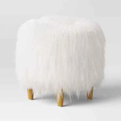 Holley Mongolian Fur/Wood Ottoman Cream - Threshold™ - Image 1 of 4