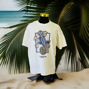 Vintage Cancun Mexico Lizard 90s T-Shirt Tee Cotton Artwork Size XL White Animal - Picture 1 of 7